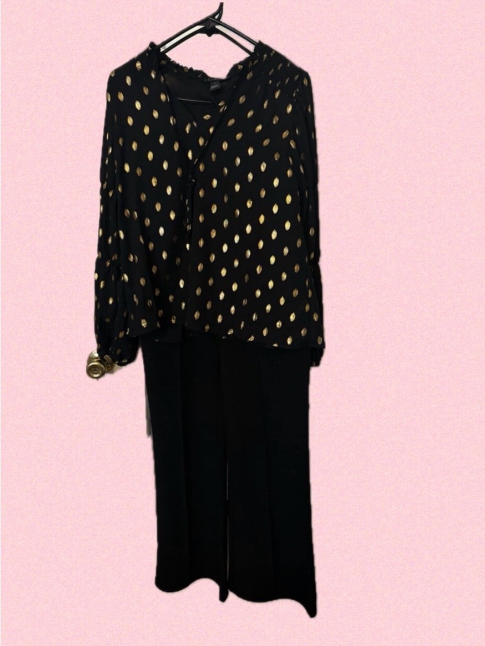Black Blouse with Gold Dot Accents & Black Slack Outfit
